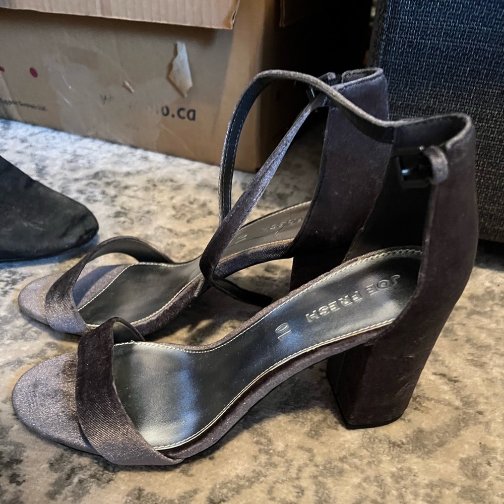 Silver velour sandal heels